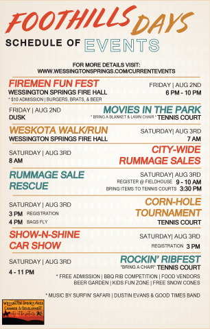 The “City at the Foothills” continues its city-wide celebration of food, fun and shopping with exciting events during the fifth annual “Foothills Days” this weekend on August 2 and 3, all held in Wessington Springs.