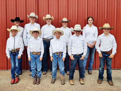 County Horse Show contestants are pictured above, front row, left to right: Crawleigh Reiner, Kadillac Coleman, Kershaw Reiner, Kopper Kroeplin, Parker Karsky. Back row, left to right: Lily Roesler, Abby Kolousek, Ella Kolousek, Alexis Roesler, Riata Kobold. PHOTO SUBMITTED