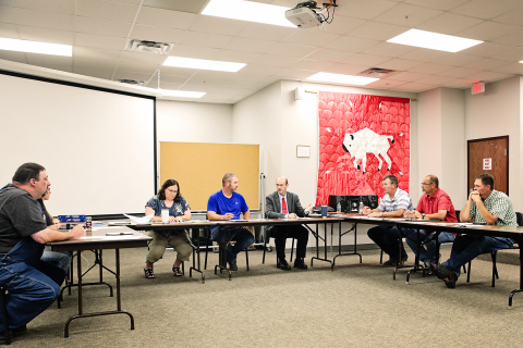 Shown left to right are Board of Education Members Darrick Van Dyke, Sara Thompson, Business Manager Marcy Argo, Board Chairman Dustin Weber, School Superintendent Michael Ormsmith, new School Board Members Scott Kolousek, Gene Gaikowski and Jonathan Arhart. Not pictured, Derek Zastrow.