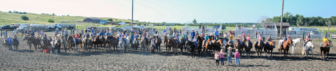 A portion of the more than 100 contestants at last Thursday’s Wessington Springs Foothills Playdays pose for a photo in the arena before continuing on with the evening’s events. KRISTI HINE / TRUE DAKOTAN