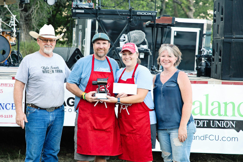 Taking home the top prize were the husband and wife team of Thad and Laura Jacobson. The champs, along with all the pictured contestants, are shown with Phil Wipf and Loree Gaikowski of the Rockin’ Ribfest committee.