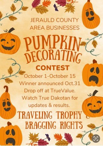 Organizers of the Jerauld County Area business pumpkin decorating contest announced this week the theme of the competition: food. With dozens of businesses already signed up, the community will have the opportunity to view and vote for their favorite pumpkin.