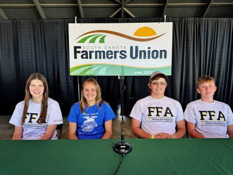 PHOTO COURTESY SDFU Wessington Springs FFA Team Members win the South Dakota Farmers Union Farm Safety Quiz Bowl during the South Dakota State Fair. Team members are (left to right) Addyson Orth, Mariah Messmer, Holden Jackson and Haiden Boschee.