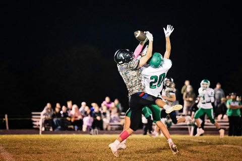 The Blackhawks partnered with the South Dakota Army National Guard to honor members of the military during last Friday’s victory over the Rustlers, wearing camouflage jerseys provided by the National Guard. Colby Flowers makes an athletic attempt at a catch during football action.