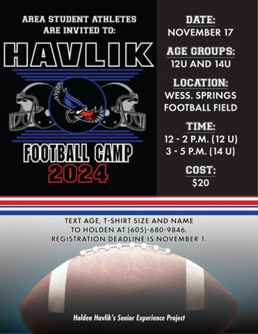 Wessington Springs High School (WSHS) student Holden Havlik is providing a football training opportunity for area youth at a football camp scheduled for Nov. 17 for both 12U and 14U student athletes.
