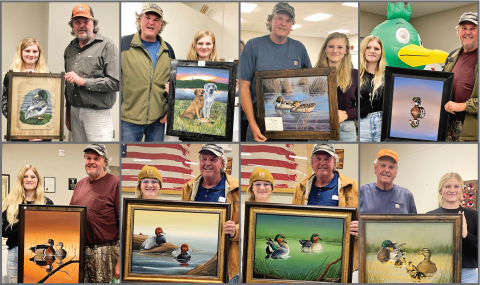 Since 2016, visiting hunter Dean Van Dam has returned home to New Mexico with much more than tales from the field. Every year upon returning to Wessington Springs he makes a point of attending the Ducks Unlimited Annual Banquet to purchase an original painting by local artist Kenzee Schafer. Shown above are Schafer and Van Dam with the Schafer’s artwork he has won at auction since 2016. PHOTOS COURTESY JEANNA SCHAFER