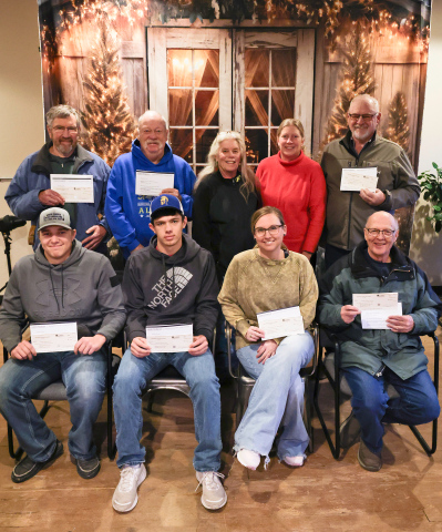 Shown in the back row, left to right are Mark Steichen, Dunham Historical Society; Darrel Deneke, Wessington Springs Area Chamber &amp; Development; Cindy Eilers, WSACF board member; Kendra Brandenburg, WSACF coordinator; Phil Wipf, Kyle Evans Western Heritage Center. Front row, left to right are WSHS seniors Robbie Hine and Karter Mebius; Natalie Bartel, AWANA; Mike Mebius, Wessington Springs Athletic hall of Fame. KRISTI HINE / TRUE DAKOTAN