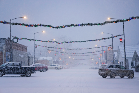 Main Street in Wessington Springs is pictured with a fresh coat of snow Tuesday morning, December 17, 2024,  adorned with  the beloved town garland. 