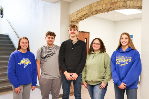 Wessington Springs is among the eight teams that have qualified for the Q107.3 FM Quiz Bowl finals presented by SD Corn, scheduled for Saturday, January 11 at the Pepsi Cola Theatre for the Performing Arts in Mitchell. This trip marks the second time in the past decade that a team from Springs advanced to the finals. Team members include, left to right: Ashlyn Weber (alternate), Will Bruckner, Branden Flowers (captain), Taylor Braun, Bailey Yost (alternate). KRISTI HINE / TRUE DAKOTAN