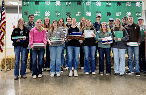Senior project award recipients are shown above, back row, left to right: Blake Miller, Abby Kolousek, Harlee Heim, Carissa Scheel, Brooklyn Caffee, Landen Christensen, Rylan Fagerhaug, Ranick Fjerstad, Hayes Christensen. Front row: Alexis Roesler, Raylee Fagerhaug, Mercedes Jones Isabella Kolousek, Makynna Heim, Ella Fagerhaug, Kerstynn Heim, Teagan Scheel. PHOTO COURTESY KATIE JONES PHOTOGRAPHY