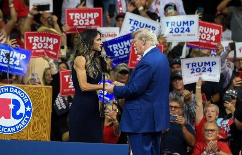 Gov. Kristi Noem introduces Donald Trump during a Sept. 8, 2023, event in Rapid City, where Noem endorsed him for president. (PHOTO: SAMANTHA LAUREY / ARGUS LEADER)