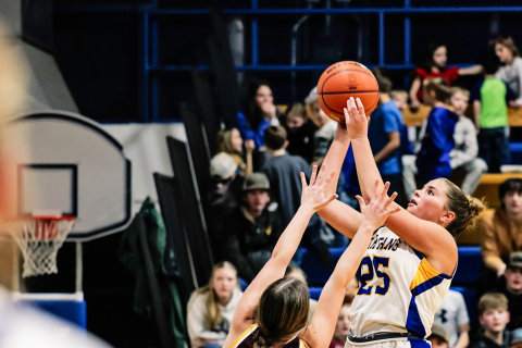 The boys and girls Spartans filled the gym last Friday for home double header basketball action vs. Ethan. Kaitlyn Braun is pictured. KRISTI HINE / TRUE DAKOTAN