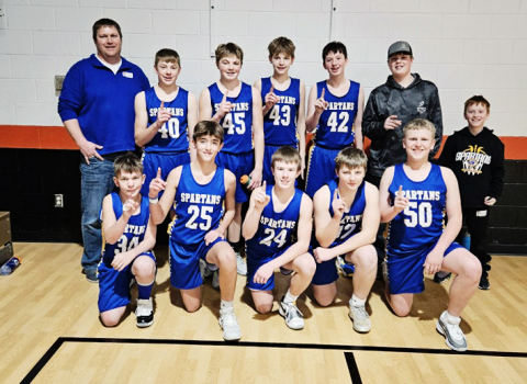 Shown left to right after winning the top prize in the January 25, 2025 Big Slam Basketball Tournament in Iroquois are: Coach Jeff Argo, Wyatt Fagerhaug, Cole Wenzel, Mitchell Orth, Gannon Culver, Micah Orth, Caleb Culver. Front row: Ashton Nelson, Grason Finn, Sutten Jensen, Mauer Jones, Chaz Larson. SUBMITTED