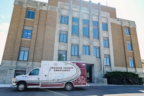A Jerauld County ambulance is parked west of the Jerauld County Courthouse. Look to upcoming editions of the True Dakotan for stories about how EMS not being deemed an essential service affects rural residents of Jerauld County and surrounding areas. TRUE DAKOTAN FILE PHOTO