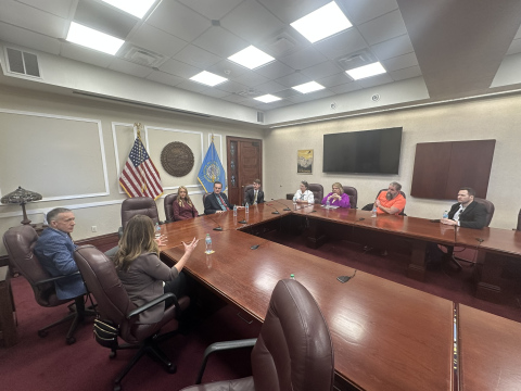 SDNA Board members met with Gov. Larry Rhoden and his communications staff during News Media Day at the Capitol on Feb. 6, 2025. From left: Carson Walker of S.D. News Watch, Kristi Hine of the Wessington Springs True Dakotan, Rhoden press secretary Josie Harms, Gov. Rhoden, Rhoden communications director Ian Fury, Molly McRoberts of the Potter County News, Jason Ferguson of the Custer County Chronicle and Luke Hagen of the Mitchell Republic.(SDNA PHOTO)