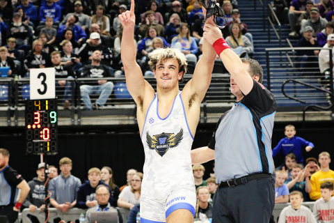 Wessington Springs/Woonsocket/Wolsey-Wessington’s Holden Havilk won the Class B 215-pound championship at the South Dakota high school wrestling tournament on Saturday, March 1, 2025, at the Summit Arena in Rapid City. PHOTO COURTESY SDPB 