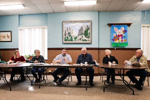 (KRISTI HINE / TRUE DAKOTAN) Members of the Jerauld County Planning Commission met to discuss two conditional use permits for New Port Colony on Friday, March 28, 2025. Shown left to right are: Christina Karsky, DeVonne Losing Doug Bruckner, Dick Kolousek, Cindy Eilers and Bernard Olinger.