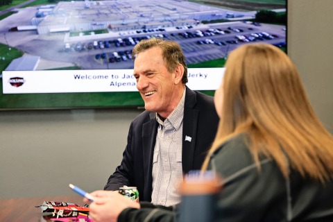 Governor Larry Rhoden speaks with management at the Jacks Link’s facility in Alpena before taking a plant tour on Wednesday, May 14, 2025. KRISTI HINE / TRUE DAKOTAN 