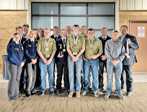 A large group from Wessington Springs is pictured in Oklahoma City at the National Land and Range Judging Contest. Back row, left to right: Kohen Mebius, Chaperone Wade Christensen, Addyson Orth, Peyton Walz, Luke Larson, Robert Hine, Holden Jackson, FFA Advisor Brady Duxbury. Front row: Mercedes Jones, Bailey Yost, Hayes Christensen, Logan Klein, Landen Christensen, Ridge Roduner, coach Tyler Swan. 