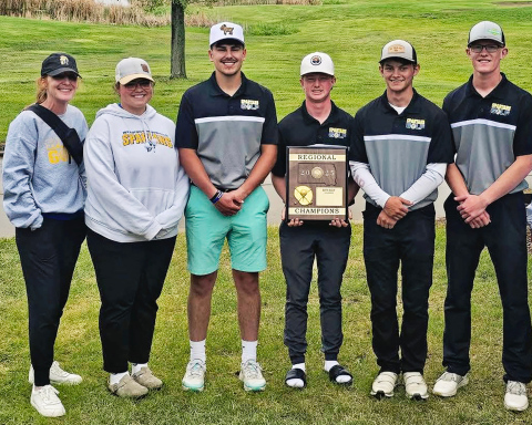 COURTESY PHOTO Shown left to right with Head Golf Coach Regina Teveldal are South Dakota State B qualifiers Taylor Braun, Blake Miller, JD Thompson, Heyns Bothma and Luke Larson. The Spartans claimed the Region 2B boys team championship at Broadland Creek Golf Course in Huron with a score of 237. Braun qualified for state by securing 9th place individually at regions.