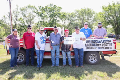 Shown left to right during Gann Valley’s 140th anniversary celebration held on June 21, 2025 are: Tara Miller, Manager of Communications for Central Electric Cooperative; Abernathy Post 16 member Clayton Anderson, Mark Reindl, representaive for Jerauld County on the Central Electric board of directors; Abernathy Post 16 members Lydell Krog, Ken Wulff, Glenn Mayer, CJ Wulff and Kristian Wulff. KRISTI HINE / TRUE DAKOTAN