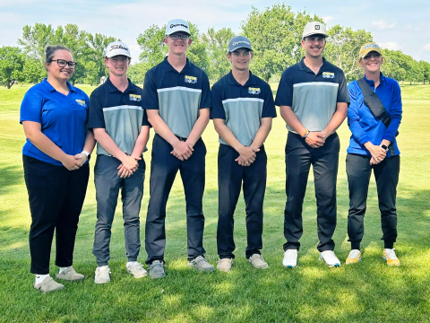 PHOTO COURTESYJILL BRAUN Shown left to right with Head Golf Coach Regina Teveldal are South Dakota State B qualifiers Taylor Braun, JD Thompson, Luke Larson, Heyns Bothma and Blake Miller. The Spartans claimed the Region 2B boys team championship at Broadland Creek Golf Course in Huron with a score of 237 to qualify for state. Braun qualified for state by securing 9th place individually at regions. The boys team finished 12th in the state at the South Dakota State B Golf Meet held in Watertown on June 2-3.