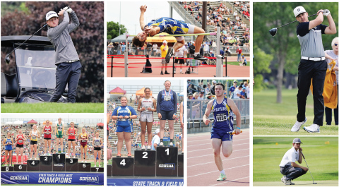 Wessington Springs High School student athletes state qualifiers represented well at the State Track & Field Meet held May 29-31, 2025 and Class B State Golf Tournaments held June 2-3, 2025. Spartans shown clockwise from top left are: JD Thompson, Ryder Michalek, Blake Miller, Heyns Bothma, Nathan Gaikowski, Anna Arhart (4th) and Kenzie Kolousek (8th). PHOTOS COURTESY SDPB 
