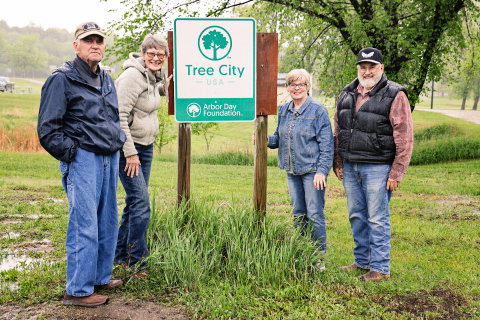 Members of the City of Wessington Springs’ volunteer Tree Committee and Park Board are pictured with the recently-installed Arbor Day Foundation sign after the city received its designation as a Tree City USA. Left to right are: Jim Headley, Kathy Voorhees, Terri Mebius and Dr. Tom Dean.