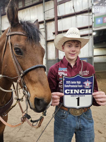 Wyatt Fagerhaug, an eighth-grade Wessington Springs Midddle School student has earned a position on the South Dakota National Junior High rodeo team and will be traveling to Des Moines, IA June 22 through June 28 to compete at the 20th annual National Junior High Finals Rodeo (NJHFR) in Tie Down Roping and Ribbon Roping competitions. PHOTO COURTESY SHANNON FAGERHAUG