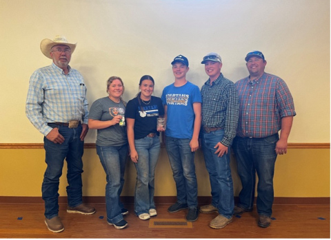 The top Soil Contest 4-H team was Jerauld County 4-H whose members were (left to right) Ella Fagerhaug, Remie Roduner, Kohen Mebius, and Max Klein. Also pictured are Dave Ollila (far left) of the South Dakota Soil Health Coalition and coach, Brady Duxbury (far right). This team will represent South Dakota at the National Land and Range Judging Contest in 2026 in Yukon, Oklahoma. PHOTO COURTESY SDSU EXTENSION
