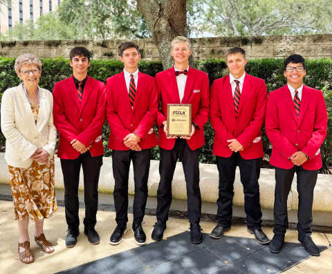 The Wessington Springs High School FCCLA Knowledge Bowl team has brought home a national title at the Family, Career and Community Leaders of America (FCCLA) National Leadership Conference held in Orlando, Florida. Shown left to right: Advisor Charlotte Mohling, Sam Poncelow, Karter Mebius, Branden Flowers, Robert Hine and Richard Cardona. PHOTO SUBMITTED 