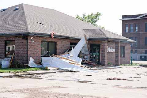 First National Bank was among the many structures in Woonsocket that incurred damage from the severe storm that hit the area Sunday afternoon, July 20, 2025 (KRISTI HINE / TRUE DAKOTAN)