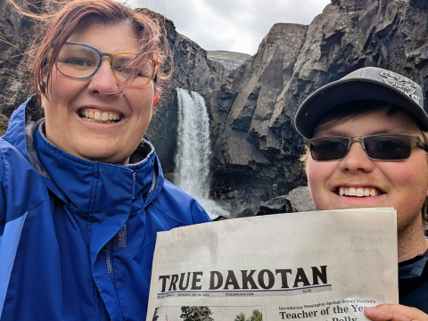 Katie Jackson and son Holden set off on an Icelandic adventure last month and traveled with a copy of their True Dakotan to the Hundafoss waterfall in South Iceland.
