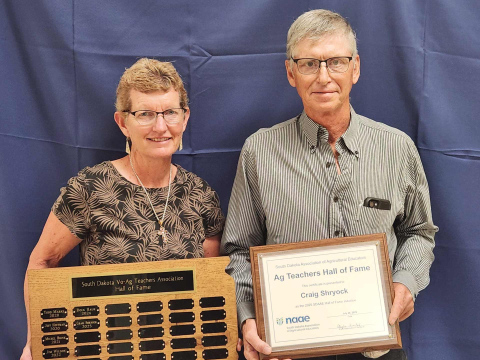 Kelli and Craig Shryock are pictured at the SDAAE conference, where it was announced that Craig was inducted into the SDAAE Hall of Fame on July 28, 2025. PHOTO COURTESY SOUTH DAKOTA ASSOCIATION OF AGRICULTURE EDUCATORS