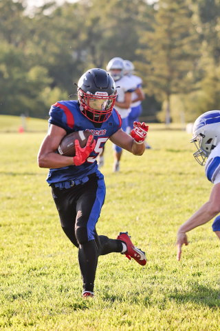 KRISTI HINE / TRUE DAKOTAN Hayes Havlik added three catches for 76 yards, including a touchdown during Friday night’s 13-12 Bucks victory over Bridgewater-Emery-Ethan. Havlik suffered a catastrophic ankle and lower leg injury during the game and later underwent surgery.