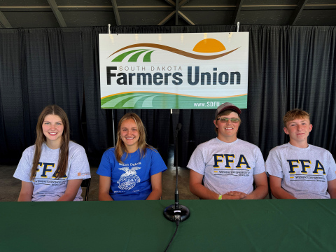 Teens put their farm safety knowledge to the test and compete in the South Dakota Farmers Union Farm (SDFU) Safety Quiz Bowl Championship at the State Fair August 30 during SDFU Day at the State Fair. The 2025 championships are held at 2 p.m. under the Freedom Stage. Cash prizes awarded to winning team. The 2024 Champions are pictured here: Wessington Springs FFA Chapter team members are (left to right) Addyson Orth, Mariah Messmer, Holden Jackson and Haiden Boschee.