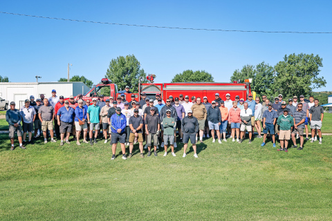 All 34 teams competing in the annual “Fire in the Hole” Golf Tournament posed for a group photo in front of a Wessington Springs Fire Department truck at Springs Country Club on Saturday, Aug. 23. Proceeds from the tournament will help fund the community’s Fourth of July fireworks celebration as well as a memorial honoring fallen firefighter Michial Brodkorb.