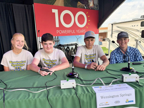 Wessington Springs FFA members (from left) Ella Kolousek, Chase Dunsmore, Rylan Fagerhaug and Logan Klein represented their community at the South Dakota State Fair in Huron during the Farm Safety Quiz Bowl Championships. The team advanced through rounds of challenging farm safety questions before Howard FFA captured the 2025 title.