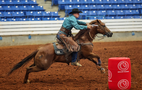 Wessington Springs horseman Brett Borkowski rides his home-raised mare “Dasha Latte,” affectionately nicknamed Angelmuffin, during their record-setting run at the CMSA Open Derby in Shelbyville, Tenn. The pair’s win completed an unprecedented three-year sweep — the 2023 Open Futurity and back-to-back 2024 and 2025 Open Derby titles — a feat never before achieved in the sport of Cowboy Mounted Shooting. (PHOTO / MOUNTAIN EMBER PHOTOGRAPHY)