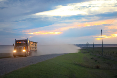 A semi loaded with freshly harvested soybeans makes its way east along 221st Street toward the Agtegra elevator in Alpena on Monday, Oct. 13, 2025. With harvest in full swing and pheasant season opening this weekend, motorists and visiting hunters are reminded to use extra caution and patience when sharing rural roads with farm equipment and grain trucks. (KRISTI HINE / TRUE DAKOTAN)