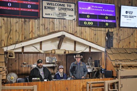 Wade Christensen, Christy Christensen and Chad Heezen prepare on the block at Kimball Livestock Exchange ahead of Tuesday’s cattle sale on Oct. 28, 2025. The team’s hands-on approach and dedication to producers set the tone for each market day. (KRISTI HINE / TRUE DAKOTAN )