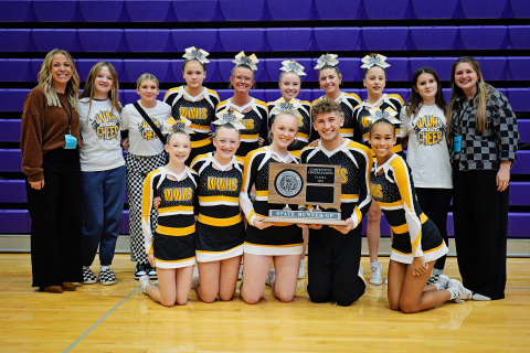 The Wolsey-Wessington Warbird Competitive Cheer Team claimed the State Reserve Champion Title for the second straight year. Pictured are, front row, from left: Taryn Rainford, Skye Tschetter, Amanah Woodruff, Carson Walters, Abigail Huntsinger . Back row, from left: Brandee Kelsey, Ciera Stevens, Annie Allerdings, Preslie Jensen, Allison Hulst, Shae Uttecht, Lily Hoverson, Raya Toupal, Manon Houze, and Kylie Martin. PHOTO COURTESY SDPB