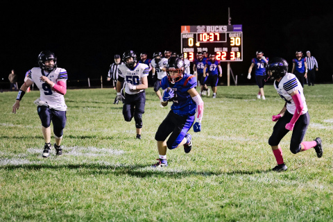 KRISTI HINE / TRUE DAKOTAN Wesley Molnar carried the ball eight times for 60 yards during football action vs MVP Friday, October 17, 2025 in Wessington Springs.