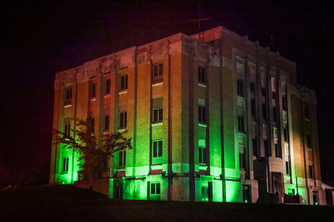 A green glow shines across the Jerauld County Courthouse early Tuesday morning as part of Operation Green Light for Veterans, a nationwide initiative recognizing the service and sacrifice of America’s military veterans. Jerauld County is participating by illuminating the courthouse in green from Nov. 4–11, joining thousands of counties across the country in showing visible support for veterans and their families. KRISTI HINE / TRUE DAKOTAN 