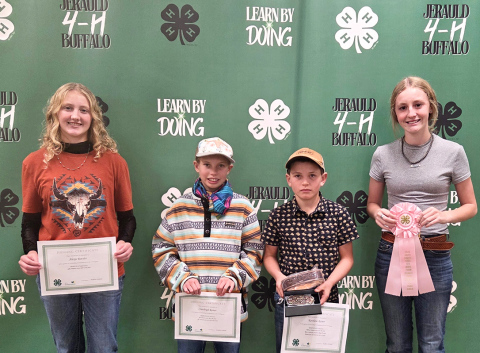 4-H horse exhibitors performed exceptionally well during the State 4-H Horse show. Left to right, Alexis Roesler, Crawleigh Reiner, Kershaw Reiner and Lily Roesler, with Kershaw winning the State 4-H Horse Premier Exhibitor in the beginner division. 