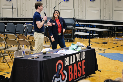 U.S. Olympians Chris Nilsen and DeAnna Price speak to Wessington Springs K-12 students on Dec. 4 about nutrition, resilience and the Build Your Base program, which promotes beef as a nutrient-dense fuel for health and athletic performance. (KRISTI HINE / TRUE DAKOTAN)