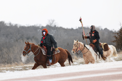 Riders participating in the Makatoh Reconciliation and Healing Horse Ride enter Wessington Springs from South Dakota Highway 34 on Friday, marking a long-standing stop in the community’s role as a host along the sacred winter journey. (KRISTI HINE / TRUE DAKOTAN)