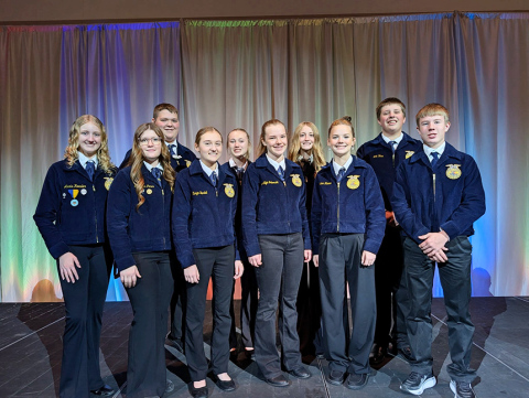 Ten Wessington Springs High School FFA members earned state recognition at the South Dakota State FFA Leadership Development Events (LDEs), held Dec. 7–8 in Box Elder. Alexis Roesler, Mercedes Jones, Wyatt Arhart, Taryn Bartel, Tenley Olinger, Madilyn Gaikowski, Lily Roesler, Jalene Reiner, JR Hine, Sutten Jensen. 