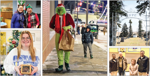 Scenes from throughout the community illustrate the themes of hope, giving, joy and magic explored in this Christmas edition. Pictured are Mara Meier and Becky Easter of SACOTA, the Grinch on Main Street in Wessington Springs, the entrance to Hope Cemetery, Larry and Carol Gildemaster with Warbird basketball players Payson and Marty Gohn, and Emma Haeder with her Miss Rosalie’s cookies. The stories behind these moments appear throughout this issue.