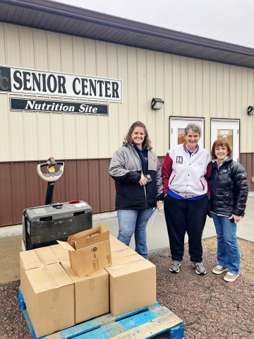 Pictured outside the Wessington Springs Senior Center are the volunteers for Feeding South Dakota, left to right Ann Scheel, Gloria Vavra, and Becky Thompson. (DELIA ATKINSON / TRUE DAKOTAN)